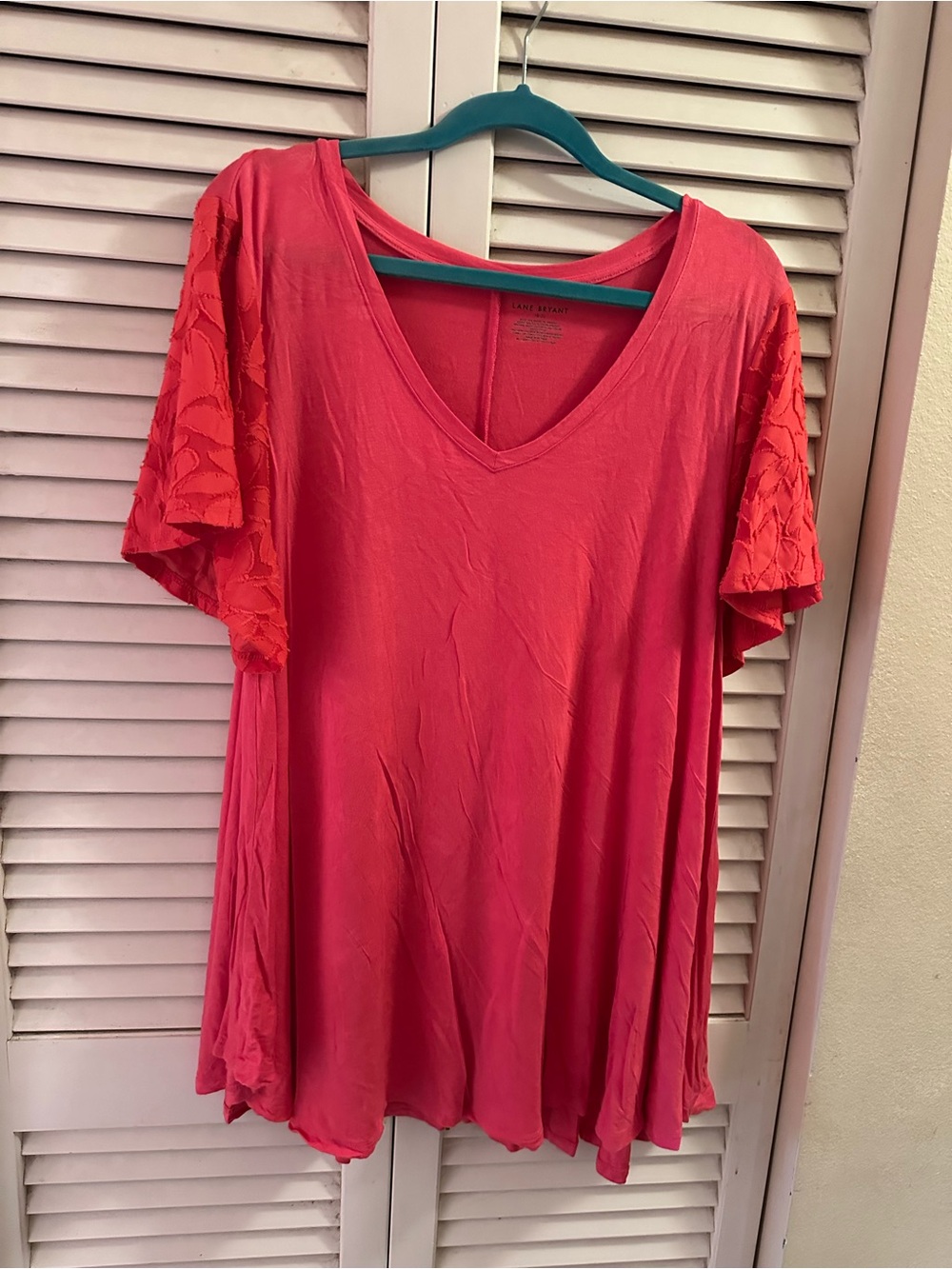 Lane Bryant Coral Pink V-Neck Lace Sleeve Tunic